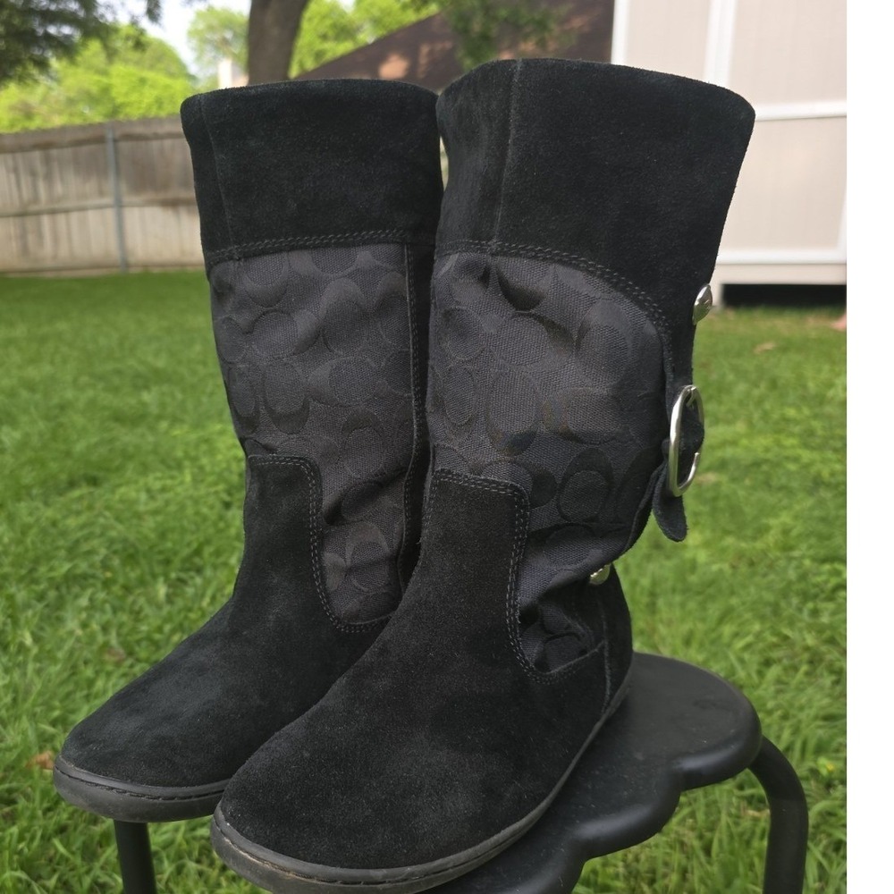 Coach Black Suede Signature Monogram Jacquard Mid Calf Buckle Boots Flat Sole